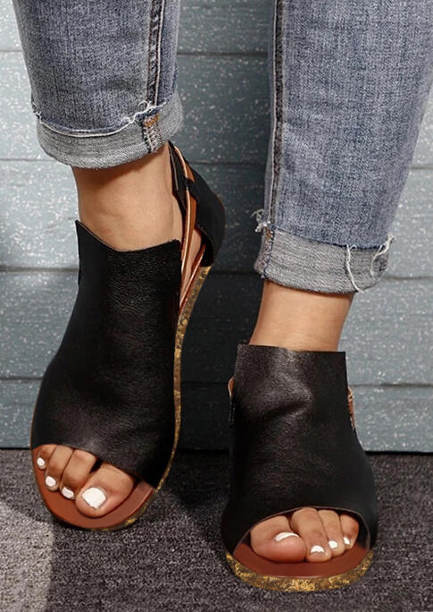 Summer Peep Toe Flat Velcro Sandals - Black - Komily