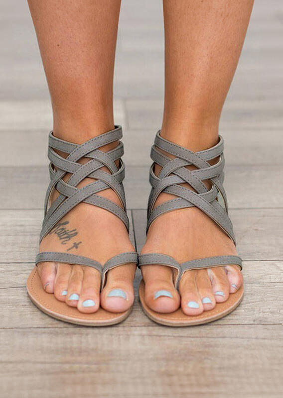 Summer Cross-Tied Zipper Flat Sandals - Army Green - Komily