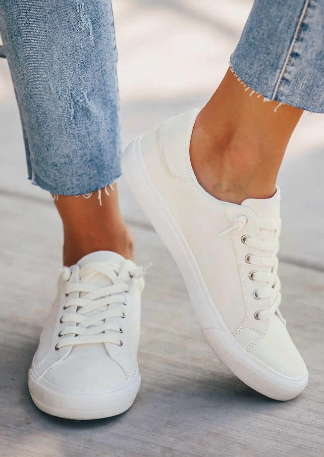 

Lace Up Round Toe Flat Sneakers - White, 527436