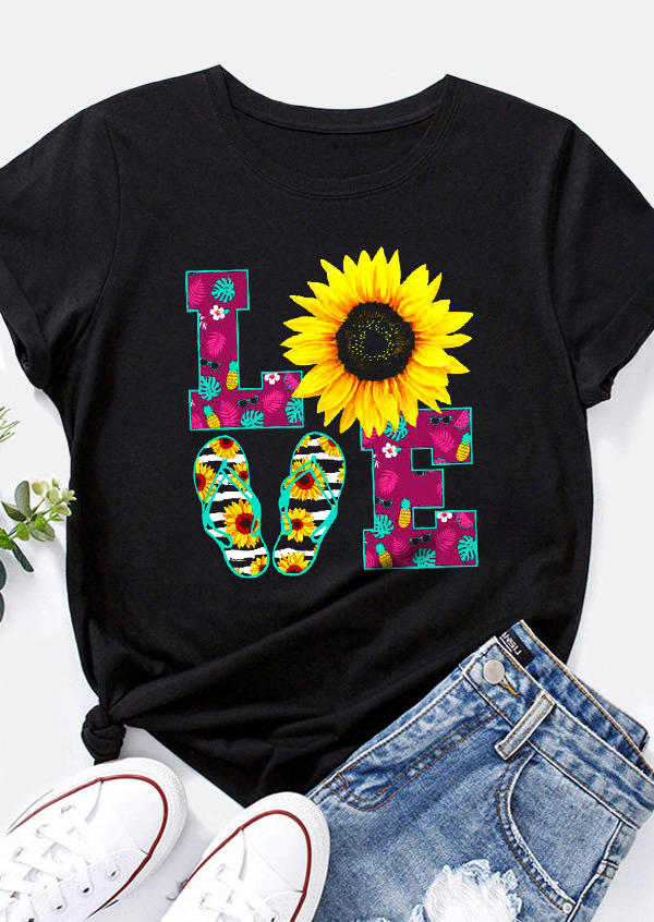 Sunflower Love Palm Leaf T-Shirt Tee - Black 529290
