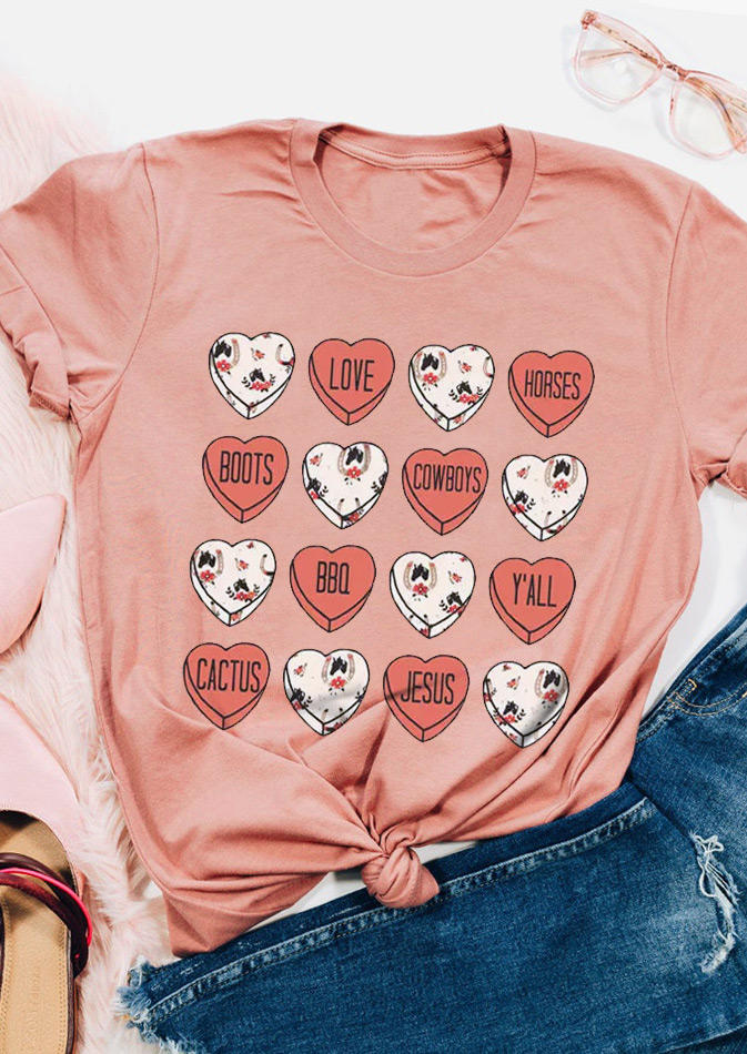 Valentine Heart Love Cowboys Cactus T-Shirt Tee - Pink 529475
